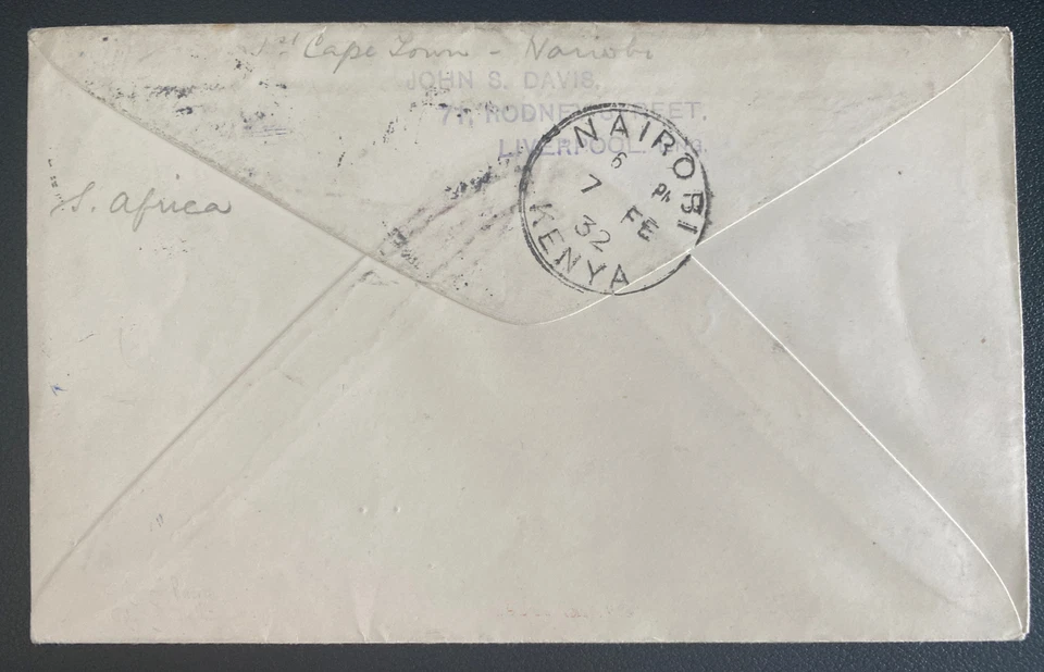 1932 Ciudad del Cabo Sudáfrica Primer Vuelo Correo Aéreo Cubierta a Nairobi Kenia KUT Foto 2 de 2
