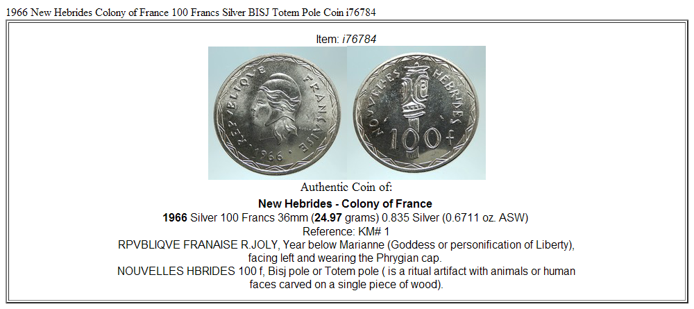 1966 New Hebrides Colony of France 100 Francs Silver BISJ Totem