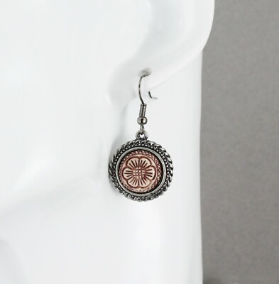 Grey Brown flower medallion earrings dangle lightweight 1.5'' long small