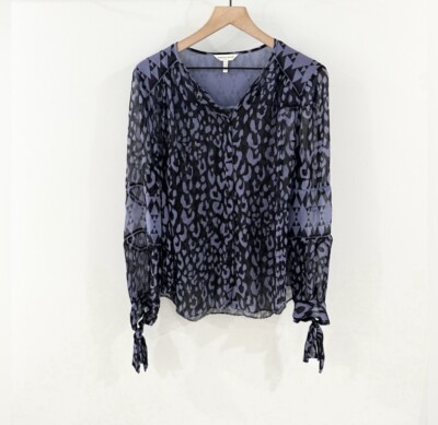 Rebecca Taylor long Sleeve Leopard Silk Blouse Black Size 10