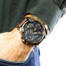 NEW DIESEL MR. DADDY GUNMETAL TONE,BROWN LEATHER BAND,4 TIMES ZONE,WATCH-DZ7314