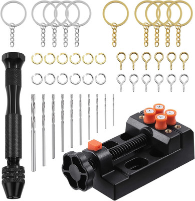 222Pcs Hand Drill Bits Set Mini Bench Clamp Pin Vise with 210Pcs Key Chain Suppl