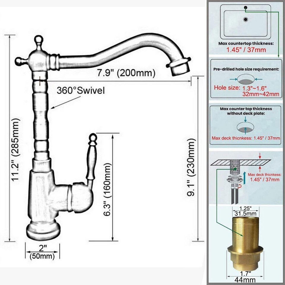 Kitchen Sink Faucet Rose Gold Swivel Spout Single Handle/Hole Tap Deck