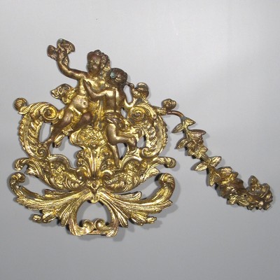 Antique French Gilded Bronze Ornament, Rococo Style, Putti and Birds, Roses