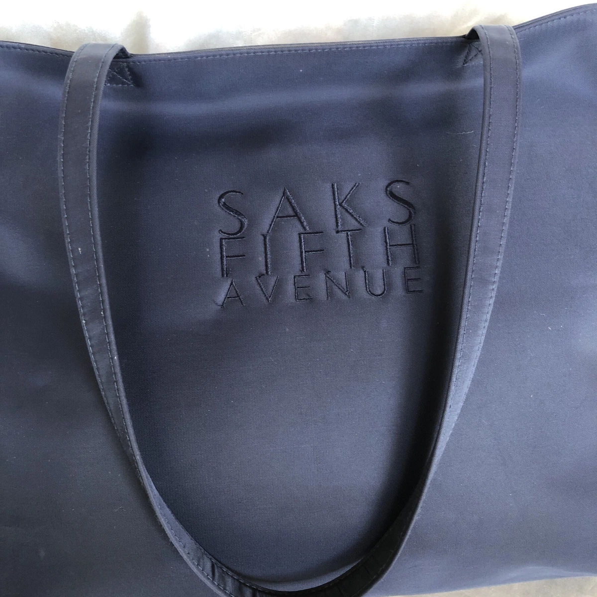 Saks Fifth Avenue Signature Navy Blue Zippered Shoulder Tote Bag- Large-  17x13