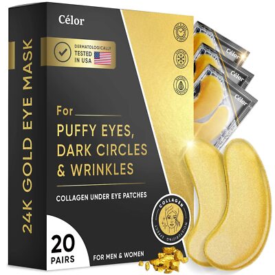 Collagen 24K Gold Gel Eye Mask 20 Pairs Under Eye Fades Dark Circles, NEW