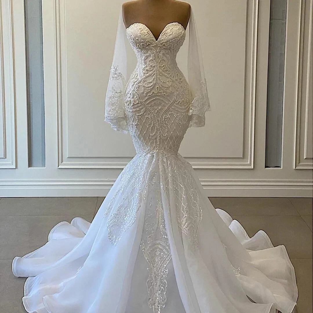 Sexey Lace Mermaid Wedding Dresses Sweetheart Sparkle Long Sleeves Bridal  Gowns | eBay