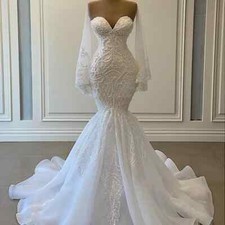 Luxury Lace Mermaid Wedding Dresses Long Sleeves Sweetheart Sparkle Bridal Gowns