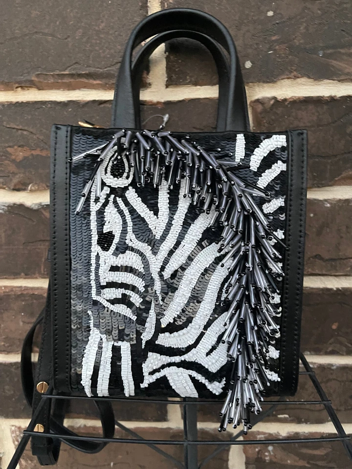 NWT $428 Kate Spade Manhattan Mini Tote Zebra Embellished black white