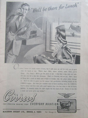 3/1946 PUB BLACKBURN AIRCRAFT CIRRUS AERO ENGINE MOTOR LUFTFAHRT ORIGINAL ANZEIGE