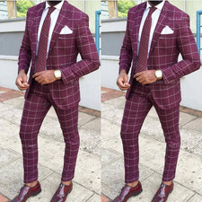 Checked Men's Suit Burgundy Casual Party Jacket Blazer Wedding Hosting 2Pcs