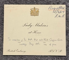 1954 British Embassy Lady Makins Invitation Card Congress Club Tea London