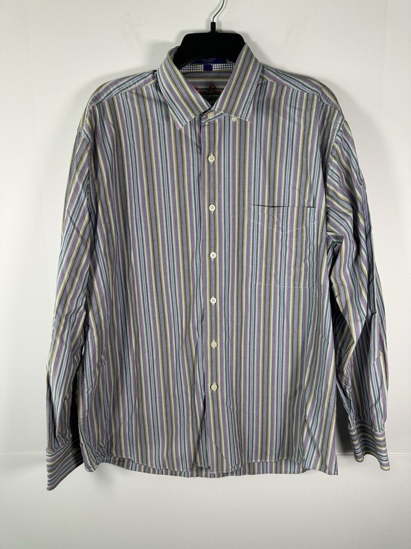 Alan Flusser L Striped Long Sleeve Button Up Shirt Preppy Work Office Rainbow