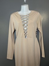 Charlotte Russe Dress Womens Medium Beige Long Sleeve Lattice Cutout Bodycon
