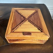 VTG Handmade Jewelry Box 8" Folk Art Inlay Marquetry Wood Red Felt New Mexico