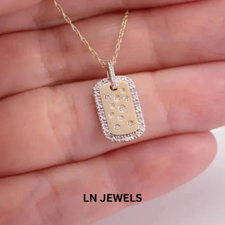 0.10Ct Round Cut Moissanite Dog Tag Charm Pendant 14K Yellow Gold Plated 18" - Image 3 of 4