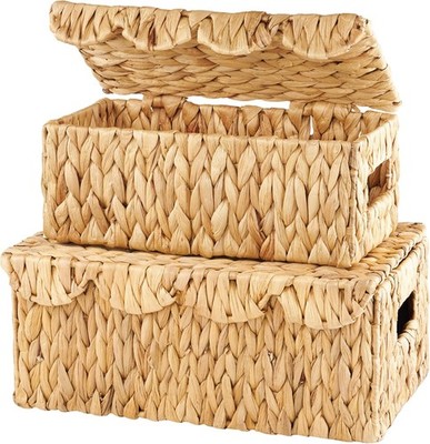 Set of 2 Scalloped Wicker Baskets with Lid - Woven Baskets with Lid - Rattan