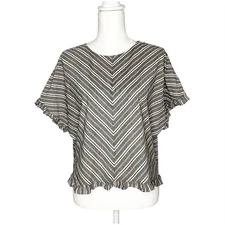 A New Day Black Gray White Striped Ruffle Detail Top Blouse Womens Small