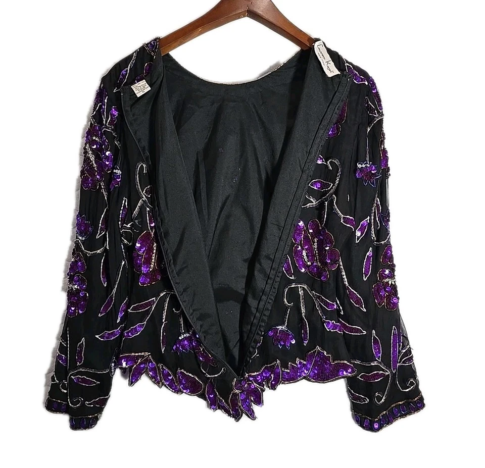 Винтажный Laurence Kazar Нью-Йорк гламурный шелк блестки бисером верхний размер XL черный фиолетовый - Изображение 4 из 4
