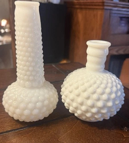 Vintage Milk Glass Hobnail Vases Set Of 2
