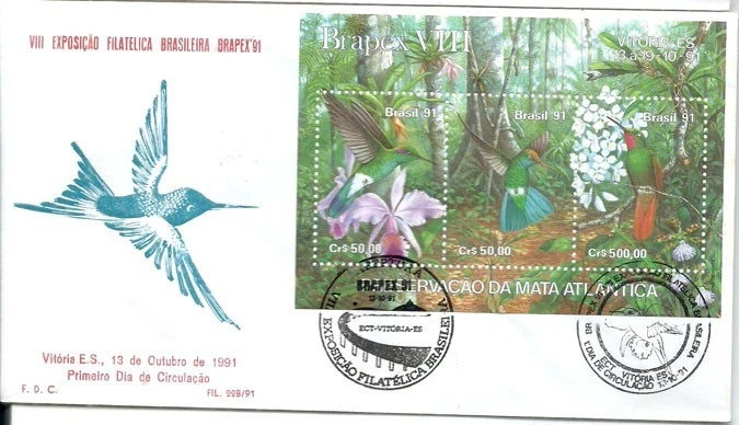 BRAZIL 1991 ORCHID Flowers & HUMMING-BIRDS Set of 3 + S.Sheet on 2 K.Filet FDCs - Image 3 of 3