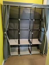 Grey Fabric Canvas Portable Wardrobe with Cover, Folding Door, Rail, 6 Shelves