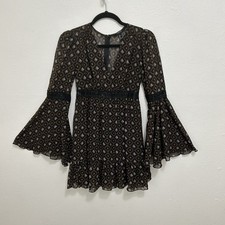 Brown Floral Bell Sleeve Boho Whimsigoth Cutout Mini Dress Dark Fairy Forest Sm