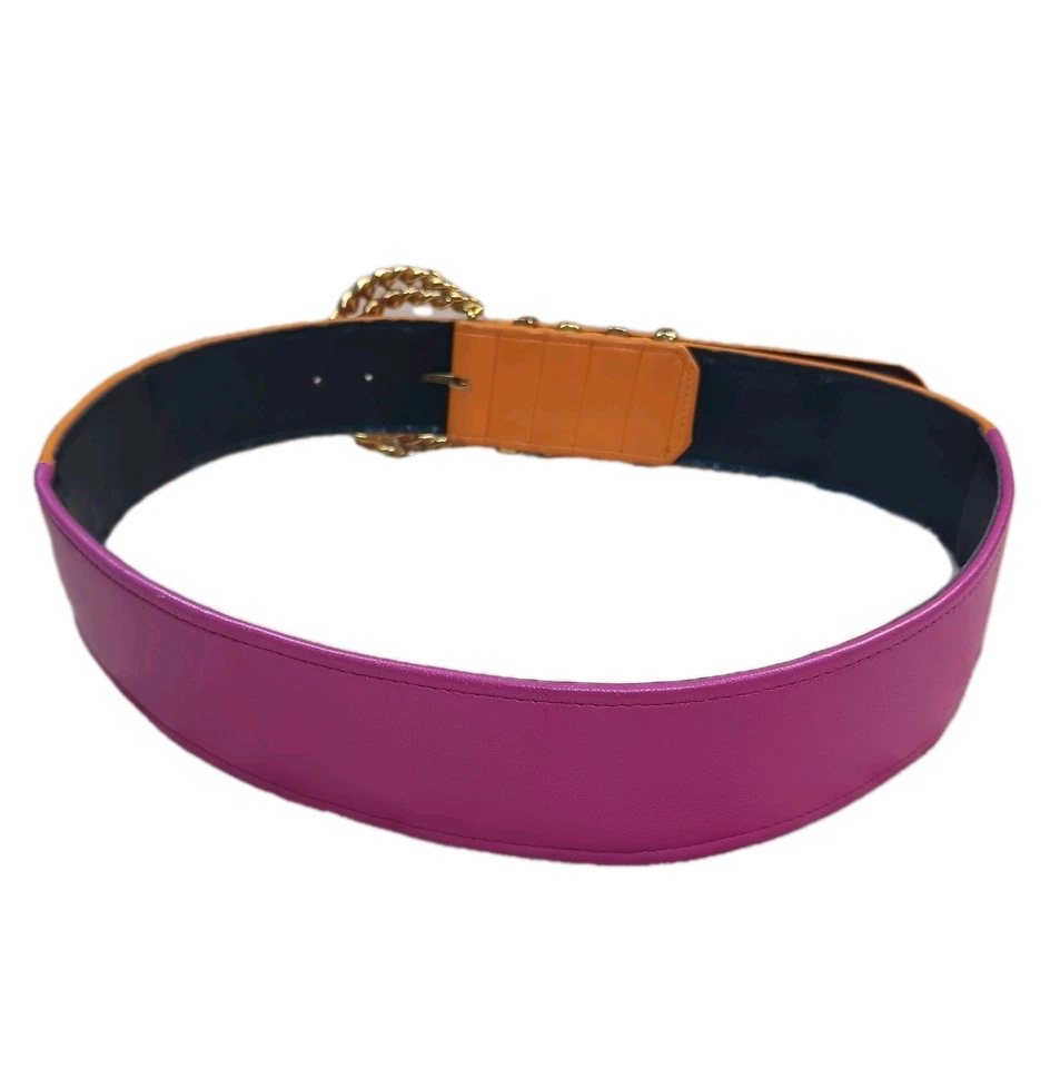 Cinturón Vintage Cuero Colorblock Caliente Rosa y Naranja Oro Hebilla Talla L En muy buena condición+ Años 80 90  Foto 3 de 4