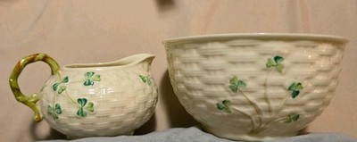 Belleek Porcelain Creamer & Sugar Set Basketweave Clover White/Green 0867