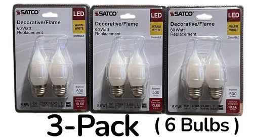 Satco S21853 Led Light Bulb 5.5W 60W Flame Tip Frosted CA10 3-Pack (6 Bulbs) New - Picture 1 of 4