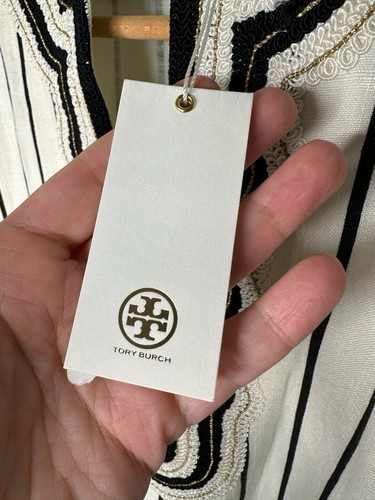 Tory Burch Tory Tunic In Ivory Black Filipa Rayon Slub Stripe New Size 10 - Picture 12 of 14