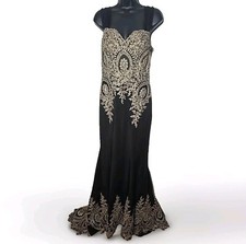 Rhinstone Mesh Black Gold Evening Gown Stunning W/ Train And Bustle Size M Prom