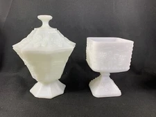 Set of 2 Vintage Anchor Hocking Milk Glass Grapes Covered Candy Dish Square Vase