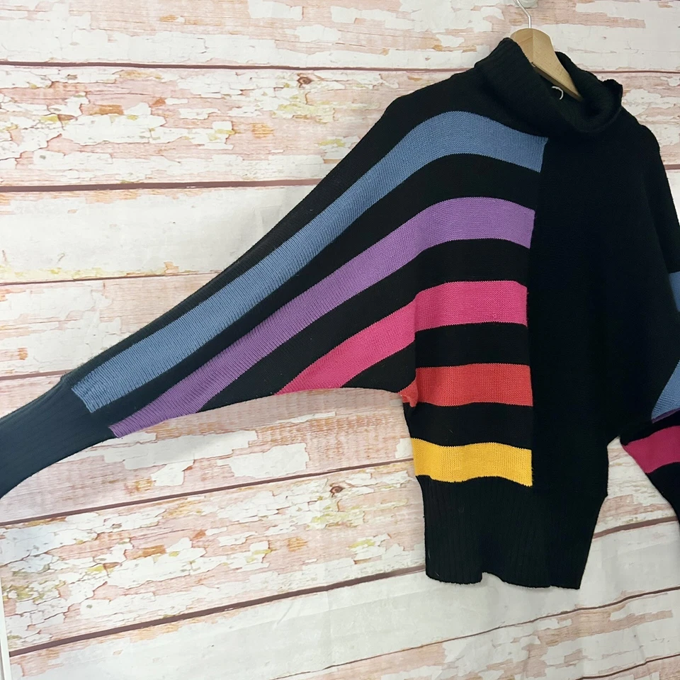 Suéter Vintage Colorido Rayas Cuello Alto Hombro Caído Arco Iris Capucha Acrílico M Foto 2 de 4