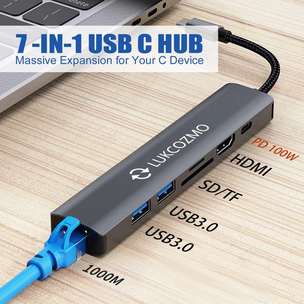 USB Hub 3.0, 7 in 1 USB Hub with 1000M Ethernet, 4K HDMI, 2 USB3.0, 100W PD, ...