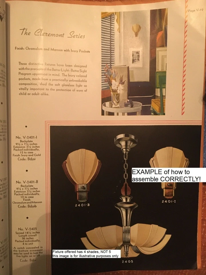 J C Virden Claremont Series Art Deco 4 slip shade Chandelier Fixture bakelite - Image 4 of 4