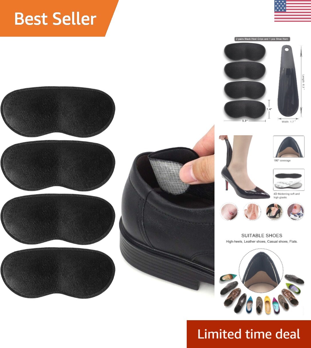 Ergonomic Heel Cushion Inserts for Anti-Slip Comfort & Blister Prevention with Shoe Horn