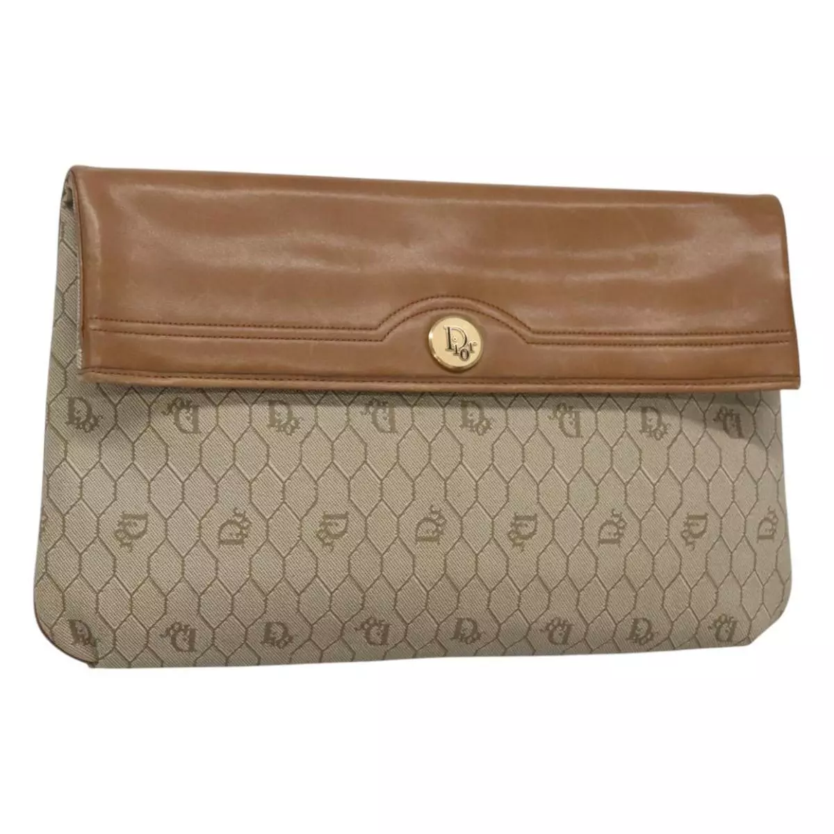 Christian Dior sac pochette toile nid d'abeille PVC cuir beige or authentique ti2820