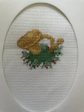 COMPLETED FINISHED CROSS STITCH CARD "CHRISTMAS HORN”