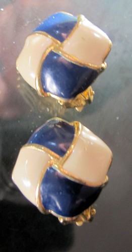 Boucles D'oreilles Bleu Et Blanc Avec Clips - Alliage Plaqué Or Jaune, Neuf Sans Emballage