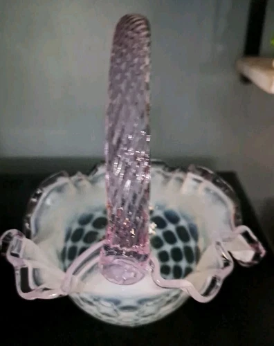 vintage fenton lavender crest glass handled white opalescent basket
