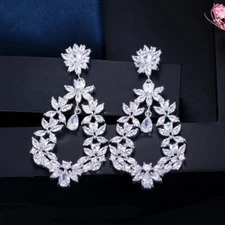 Cubic Zircon Big Long Flower Dangle Drop Earrings Silver Plated Fashion Jewelry