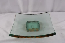 Annieglass Roman Green Gold Foooted Cake Plate 8 1/8" Original Sticker Signed