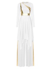 US Womens Metallic Block Praise Dance Outfit Asymmetric Overlay Dress with Pants