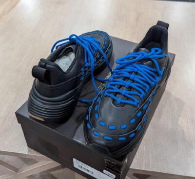 $990 Mens Bottega Veneta Chunky Leather Low-Top Sneakers Black/Blue 43 US 10