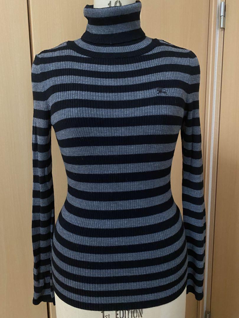 Burberry Blue Label Striped Knit Sweater M 38 Black Grey Used Condition