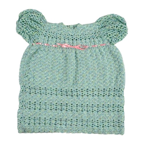 Vintage Girls Crochet Dress 1990s Blue Pink Open Crochet Empire Waist Size 10/12 - Picture 2 of 6