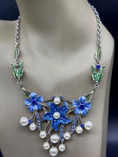 ESTATE SILVER TONE BLUE ENAMEL FLOWER FAUX PEARL CRYSTAL STATEMENT NECKLACE
