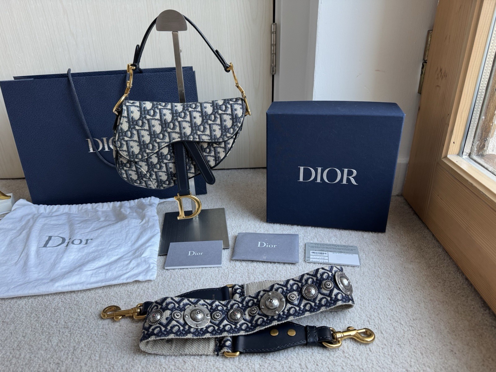 Christian Dior Mini Saddle Bag Navy Oblique Gold Hardware with Strap