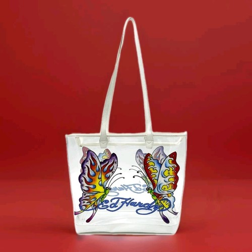 Ed Hardy Tasche LILA SCHMETTERLING Schultertasche groß Beuteltasche transparent mit Beutel neu mit Etikett UVP 159 $ - Bild 2 von 5